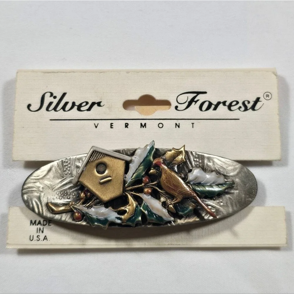 Vintage Silver Forest Cardinal Holly Leaf Hair Clip made in USA